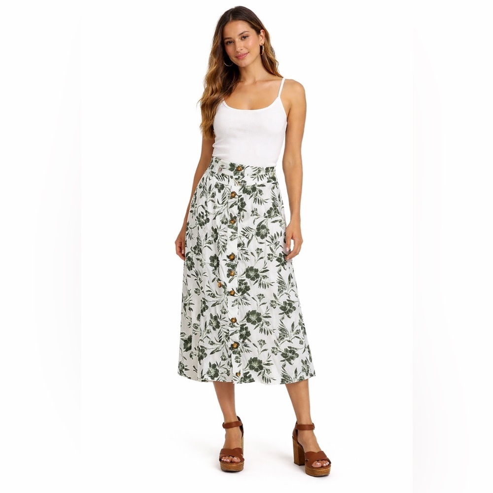 Kohl's Green Floral Button Front Design Midi Skirt Boho High Waist Sz. XX Large